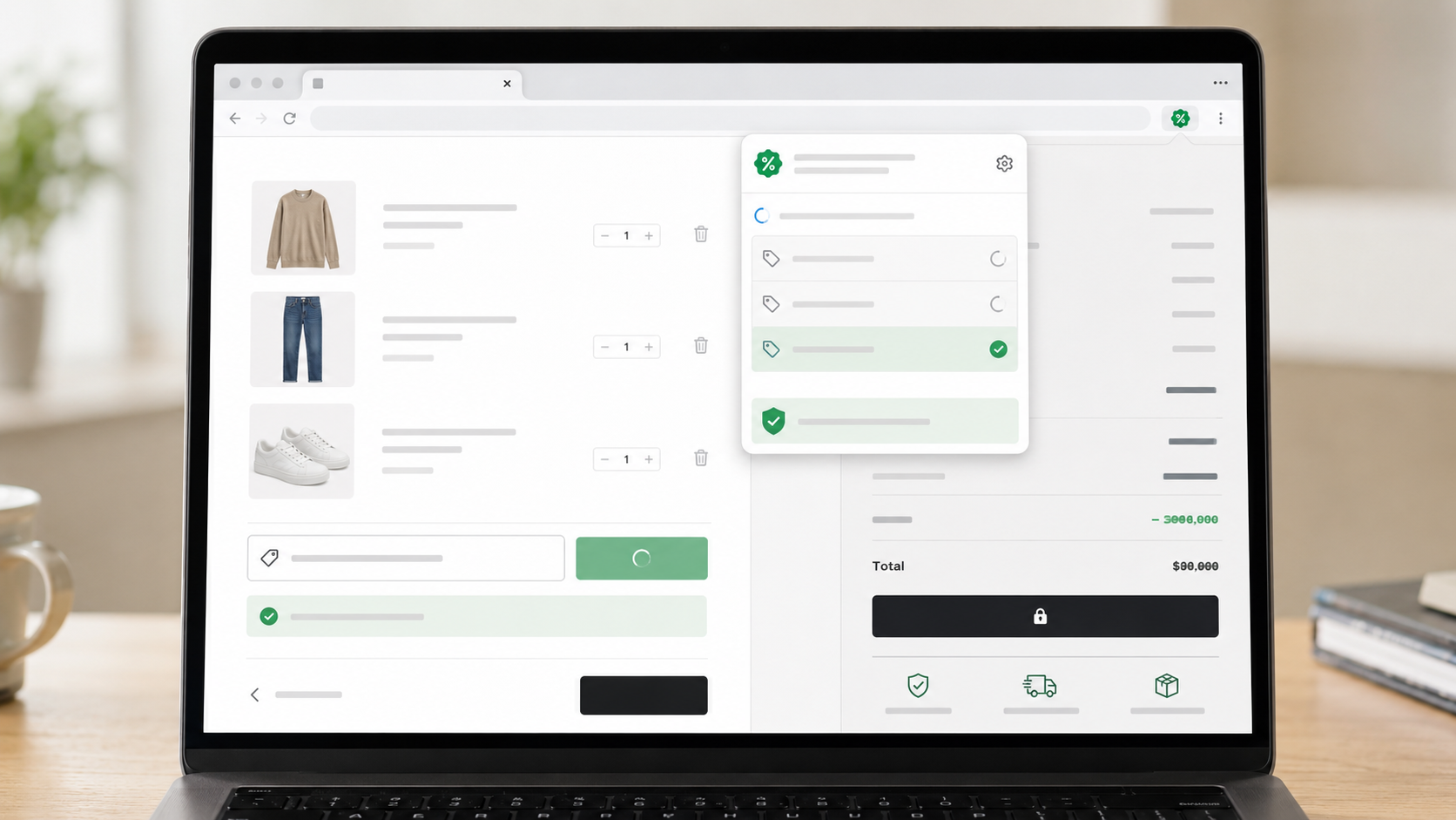 Laptop checkout page showing a browser extension automatically testing coupon codes and applying a discount.