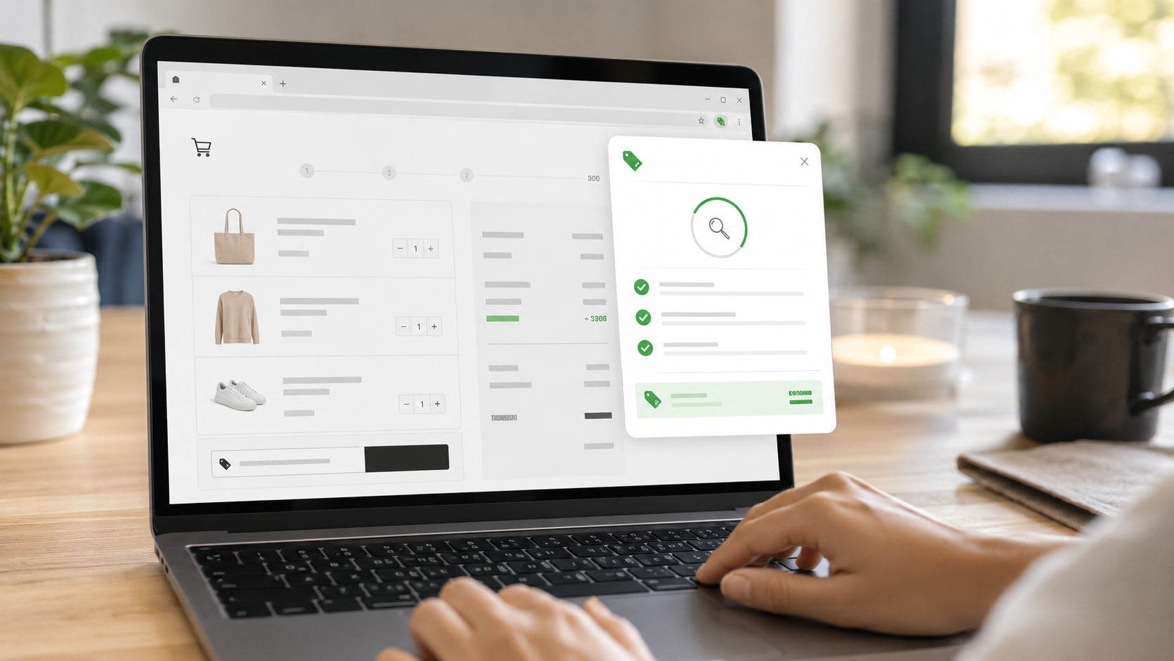 Browser extension automatically testing coupon codes on a laptop checkout page with a successful discount applied.