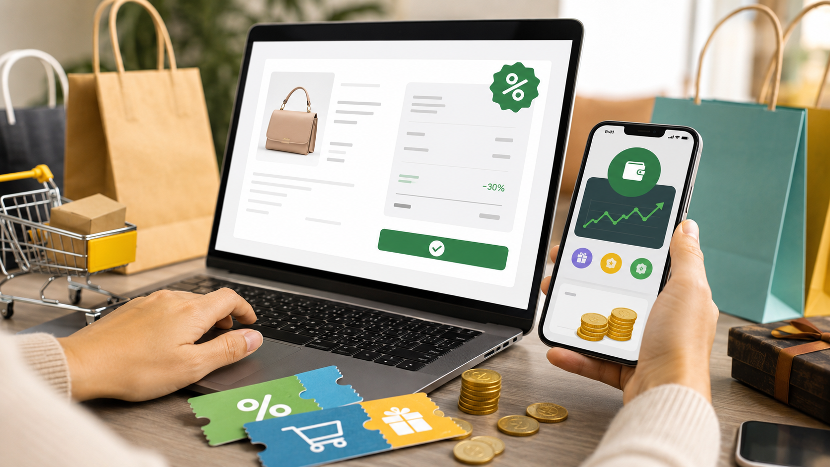 Shopper combining a coupon code with cashback rewards on a laptop and smartphone to save more on online shopping.