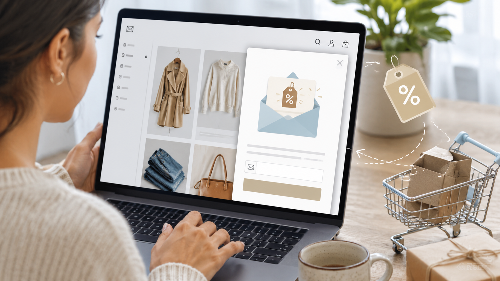 Shopper viewing an email signup discount offer on an ecommerce store page before using a coupon at checkout.