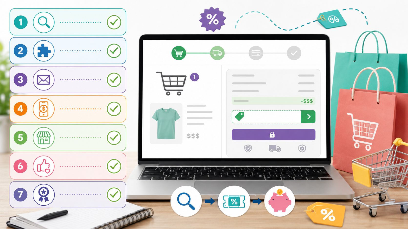 Shopper using laptop and smartphone to find online coupons from coupon websites, browser extensions, email offers, cashback apps, and loyalty programs.