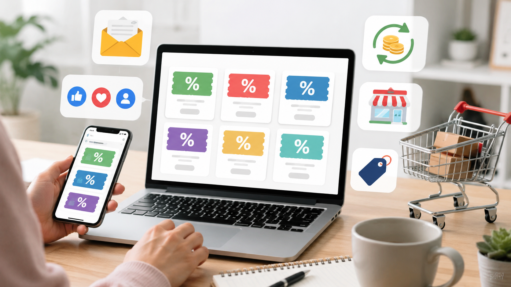 Laptop and smartphone showing trusted coupon sources including coupon cards, email offers, cashback, retailer deals, and social media icons.