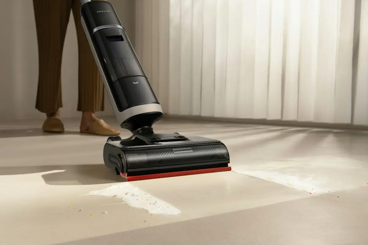 Person using a cordless vacuum cleaner on a floor
