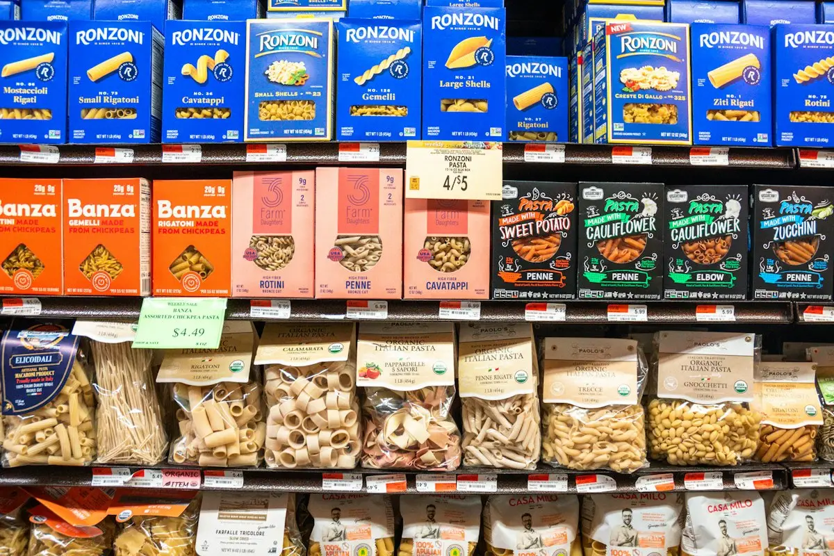 Store shelf stocked with packaged food